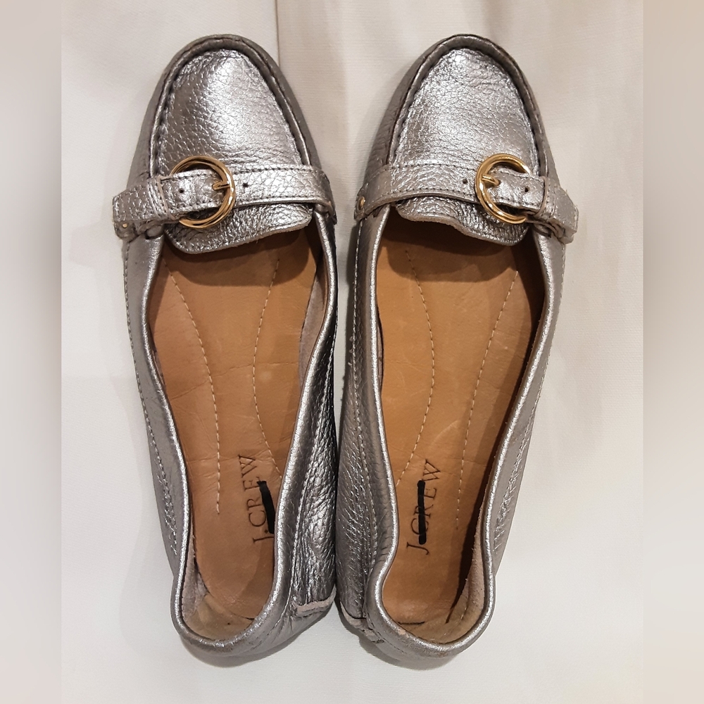 J.Crew Metallic Silver Leather Driving Moccasins Mocs Loafers Flats Women's 7
